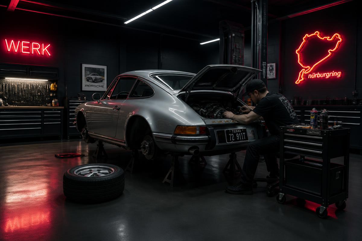 Vehicle on a lift inside the Maquina Auto Service workshop
